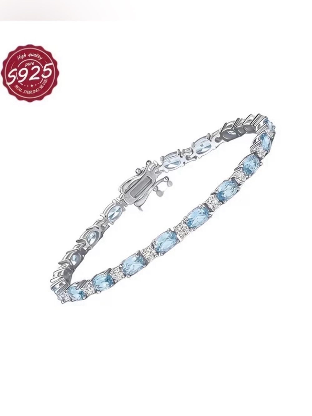 Natural Aquamarine Emerald Cut Tennis Bracelet 14K Gold Plated Sterling silver